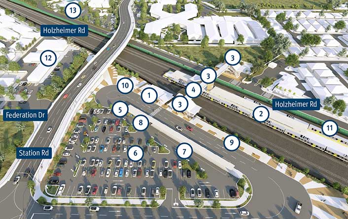 Concept render of an aerial view of the new Bethania station proposed layout and local road network.  Features of the station are labelled from one to 12 including station building and ticketing, covered platform, lifts and stairs to platforms, pedestrian overpass, improved safety with lighting and CCTV throughout station, park 'n' ride, kiss 'n' ride, accessible parking spaces, bus stop, secure bike enclosure, connection to active transport and Bethania Waters Shopping Centre. 
