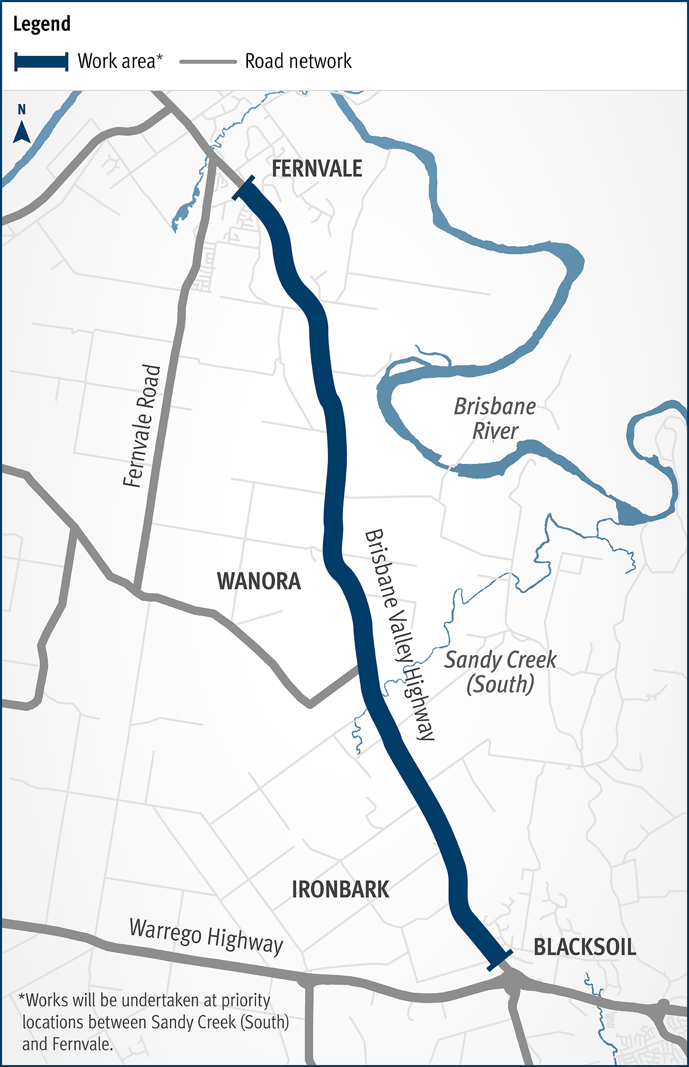 Map showing the location of works being carried out on Brisbane Valley Highway (Ipswich-Harlin), Warrego Highway to Fernvale, improve safety project.