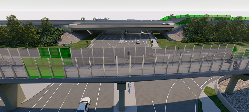 Artist impression that shows (background) Helensvale Road overpass and the walking path overpass (forground) 