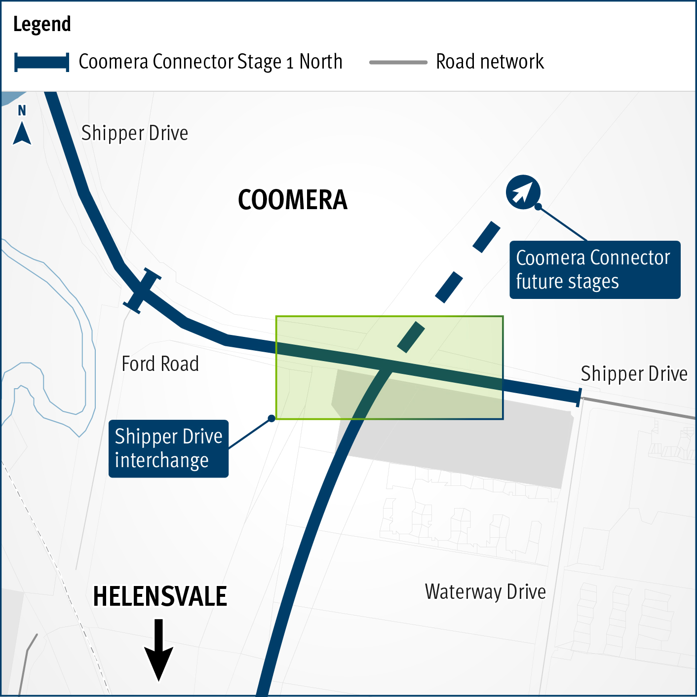 Project location map highlights where the Coomera Connector will connect with Shipper Drive. 