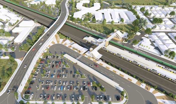 Artist Impression of the level crossing closure at Station Road, Bethania—vehicles driving over the proposed road-over-rail bridge connecting both sides of the tracks to replace the level crossing. Also shows Bethania station and park 'n' ride with vehicles in parking spaces.