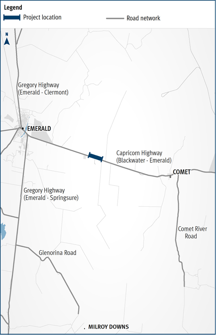 Map showing the area of the Capricorn Highway (Duaringa–Emerald) that will receive road safety improvements.
