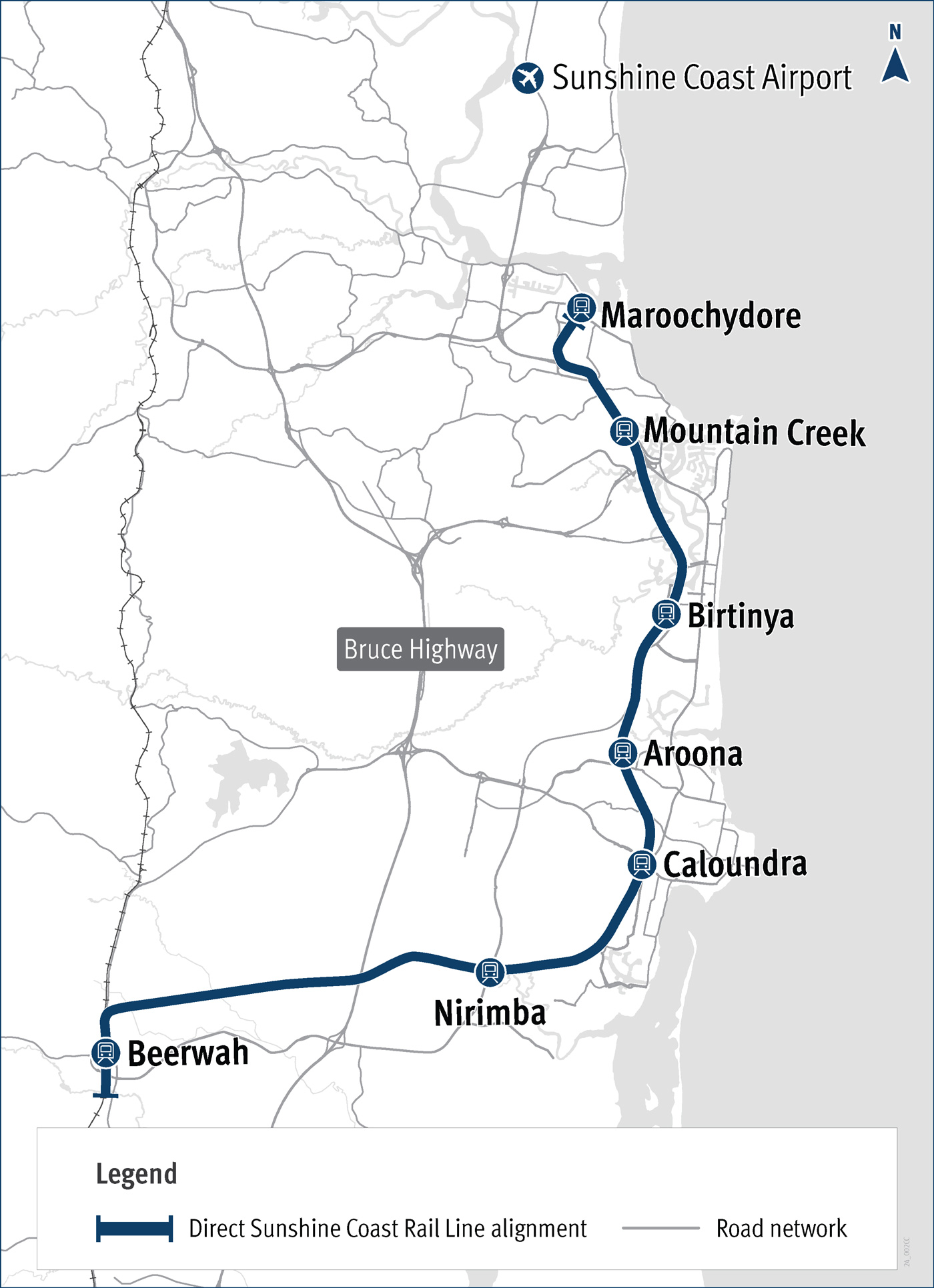 Direct Sunshine Coast Rail corridor with proposed station locations
