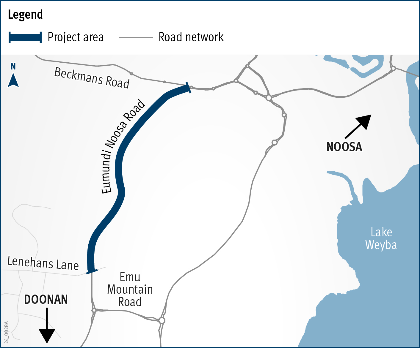 Map showing Eumundi-Noosa Road, from the roundabout at Beckmans Road in Noosaville to Lenehans Lane in Doonan to the south. The map shows directional arrows to the north, Noosa and Doonan