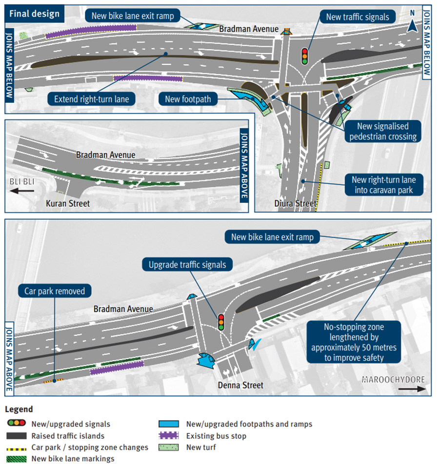 A design layout map showing Bradman Avenue and the intersections of Diura Street and Denna Street. The map shows new and upgraded traffic signals and extended right-turn lanes. New and upgraded footpaths and exit ramps for pedestrians are indicated. New bike lane markings on the south-west section of Bradman Avenue, after Diura Street and new bike lane exit ramps from Bradman Avenue to the existing bike path are shown. It shows the extension of the no stopping zone on the north-east side of Bradman Avenue, past Denna Street and the one carpark which will be removed outside 237 Bradman Avenue. New, raised traffic islands are also shown.