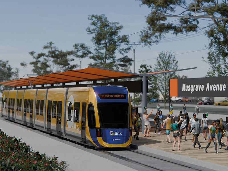 Light rail vehicle stopped at a station