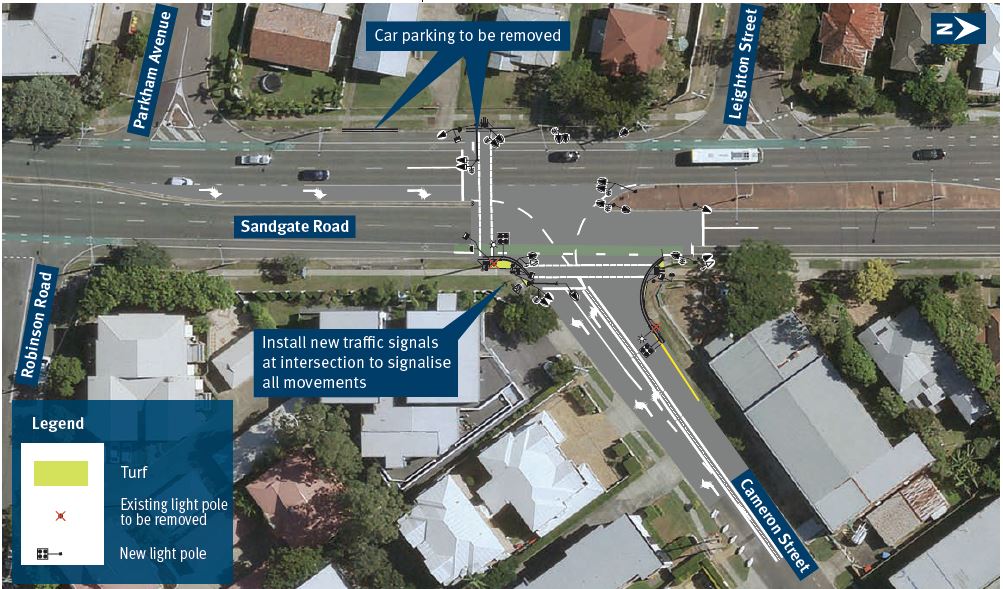 Aerial view Sandgate Road and Cameron Street intersection car parking to be removed an and new traffic signals