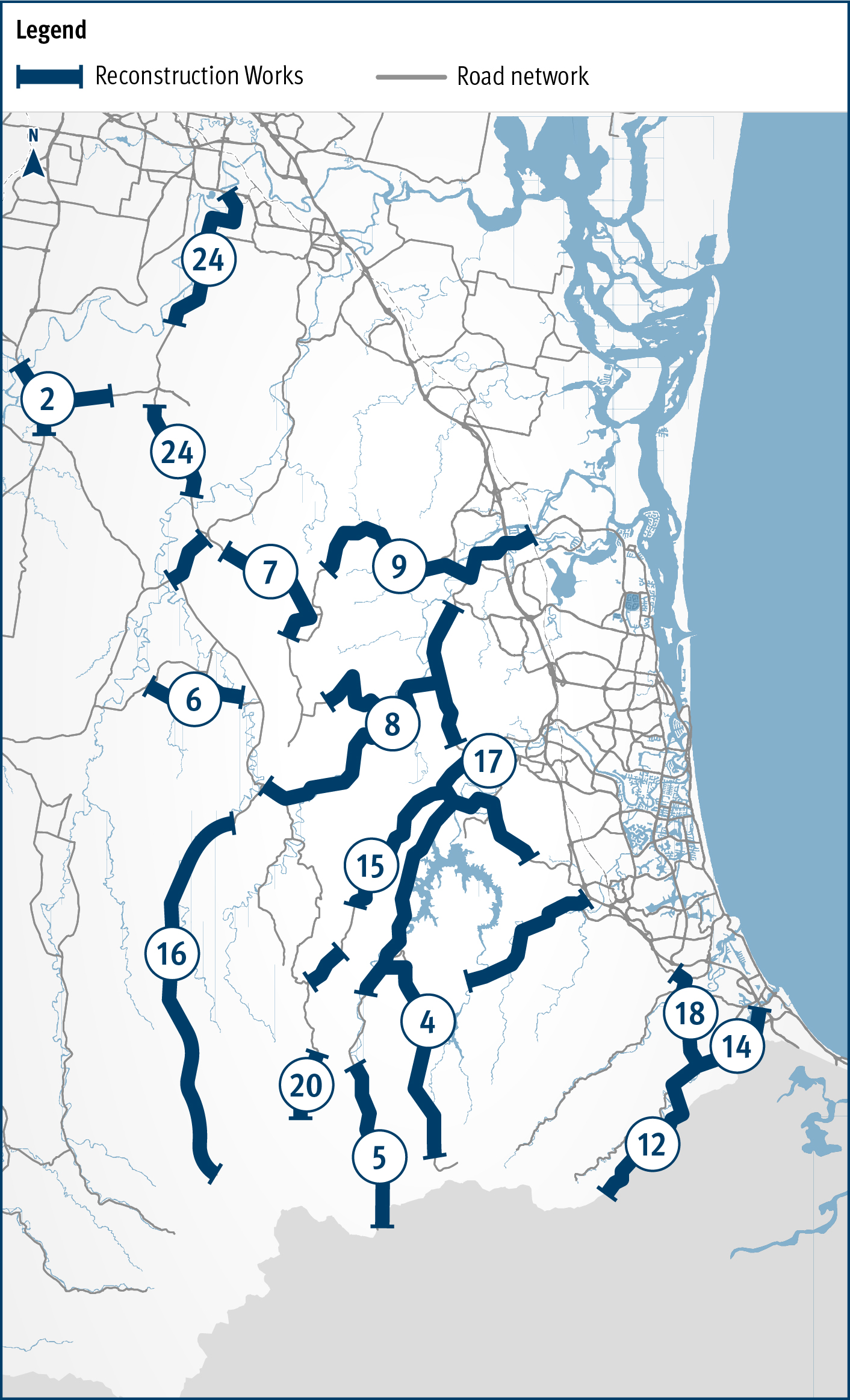 map showing location of various projects relating to the South Coast 2020–21 flood reconstruction works project