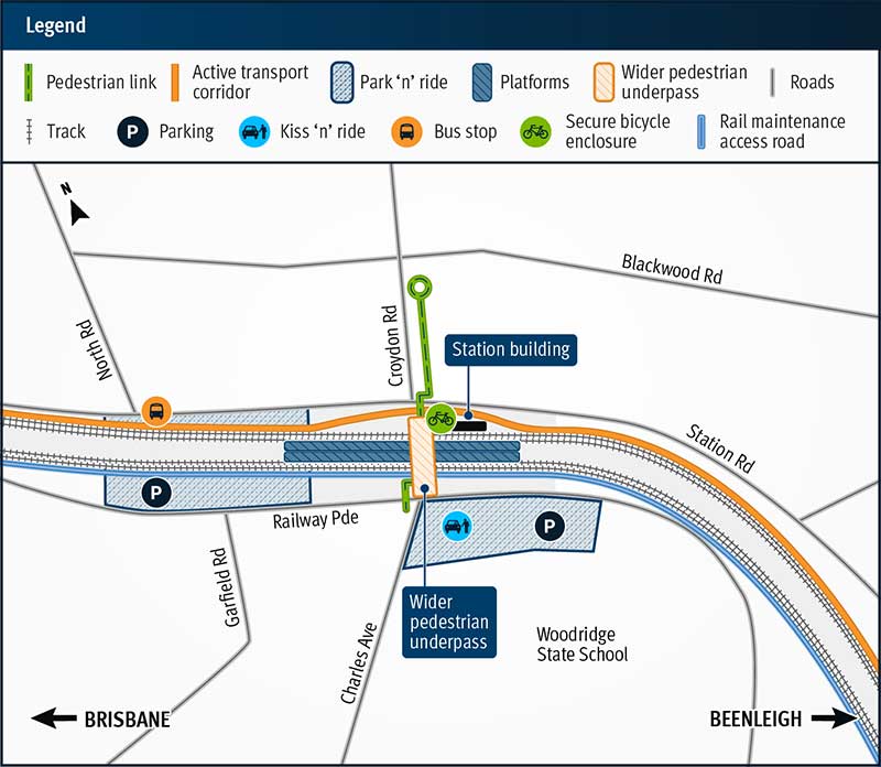 Map of the proposed Woodridge station upgrades,showing local streets - Croydon Road, Blackwood Road, Station Road and Railway Parade. Key features include new tracks, active transport corridor, rail maintenance access road, wider pedestrian underpass, secure bike enclosure, bus stop, kiss 'n' ride, park 'n' ride and pedestrian link.