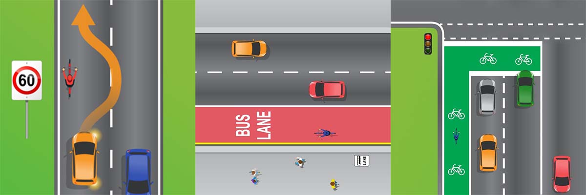 3 side-by-side graphics depicting overhead views of road traffic scenarios with cars and bike riders.